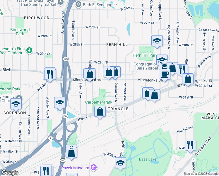 map of restaurants, bars, coffee shops, grocery stores, and more near 4925 Minnetonka Boulevard in Minneapolis