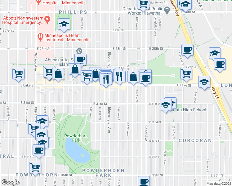 map of restaurants, bars, coffee shops, grocery stores, and more near 3020 16th Avenue South in Minneapolis