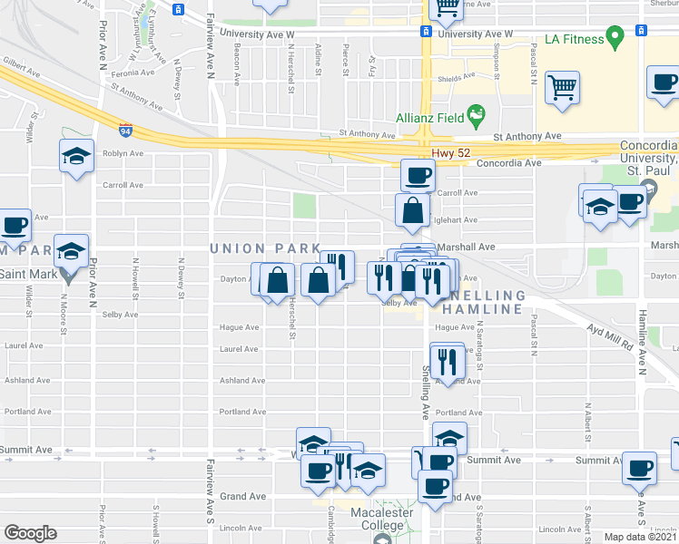 map of restaurants, bars, coffee shops, grocery stores, and more near 1667 Dayton Avenue in Saint Paul