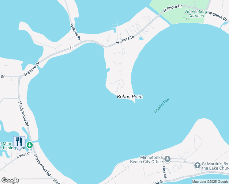 map of restaurants, bars, coffee shops, grocery stores, and more near 1655 Bohns Point Road in Wayzata