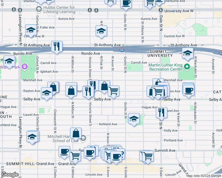 map of restaurants, bars, coffee shops, grocery stores, and more near 785 Dayton Avenue in Saint Paul