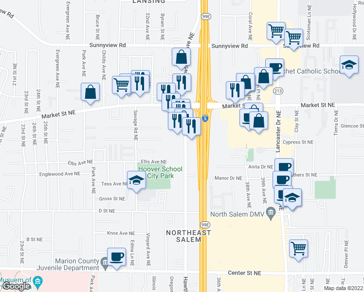 map of restaurants, bars, coffee shops, grocery stores, and more near 1477 Hawthorne Avenue Northeast in Salem