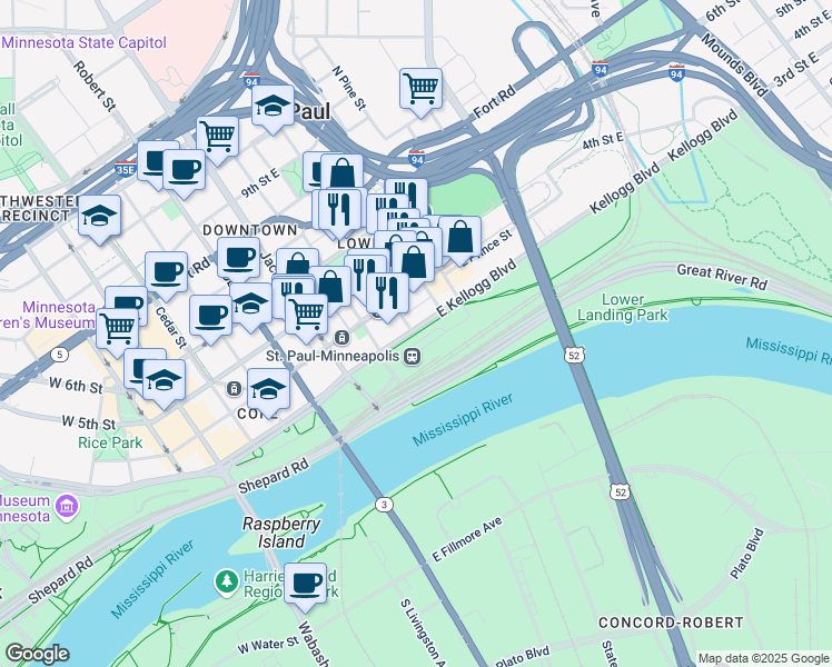 map of restaurants, bars, coffee shops, grocery stores, and more near 240 Kellogg Boulevard East in Saint Paul