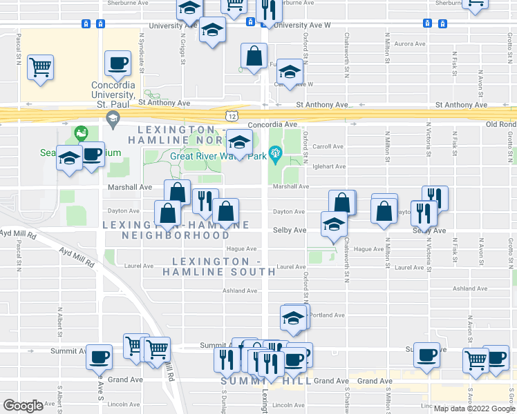 map of restaurants, bars, coffee shops, grocery stores, and more near 201 Lexington Parkway North in Saint Paul