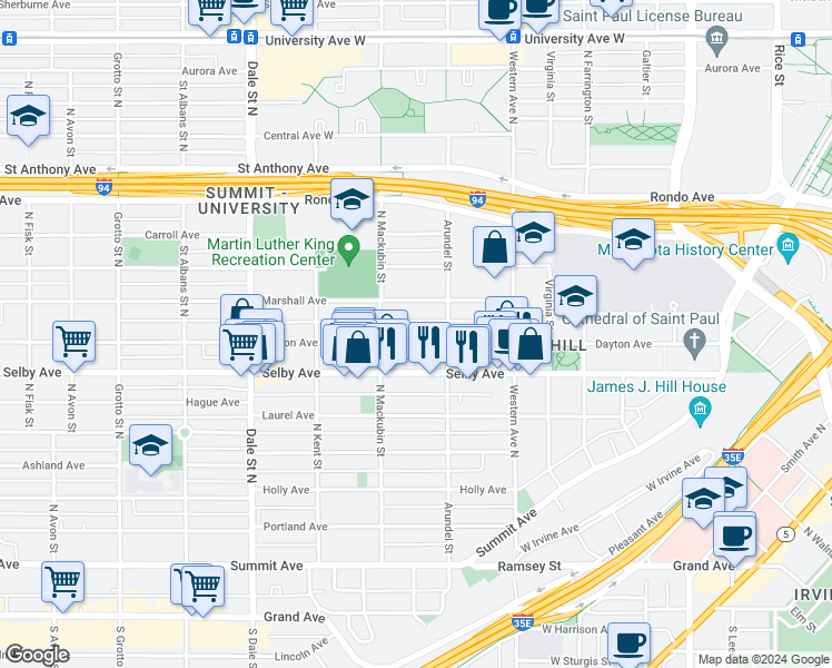 map of restaurants, bars, coffee shops, grocery stores, and more near 469 Dayton Avenue in Saint Paul