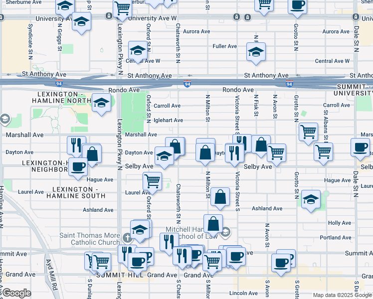 map of restaurants, bars, coffee shops, grocery stores, and more near 963 Dayton Avenue in Saint Paul