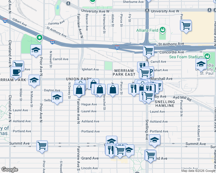 map of restaurants, bars, coffee shops, grocery stores, and more near 1709 Dayton Avenue in Saint Paul