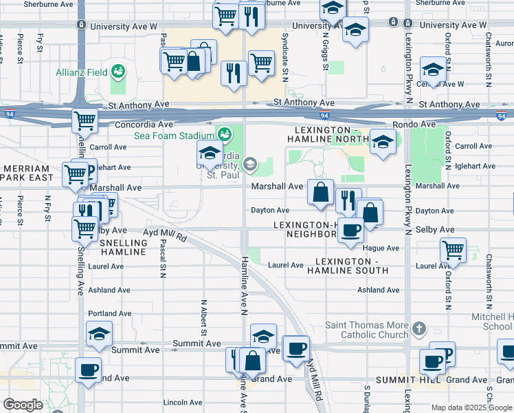 map of restaurants, bars, coffee shops, grocery stores, and more near 1321 Dayton Avenue in Saint Paul