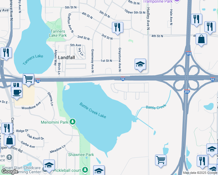 map of restaurants, bars, coffee shops, grocery stores, and more near 6725 Ashwood Road in Woodbury