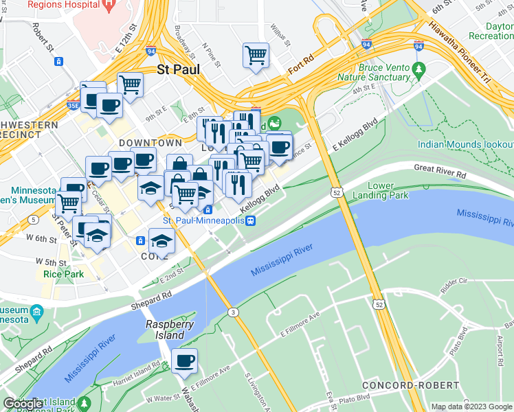 map of restaurants, bars, coffee shops, grocery stores, and more near 10 East Kellogg Boulevard in Saint Paul