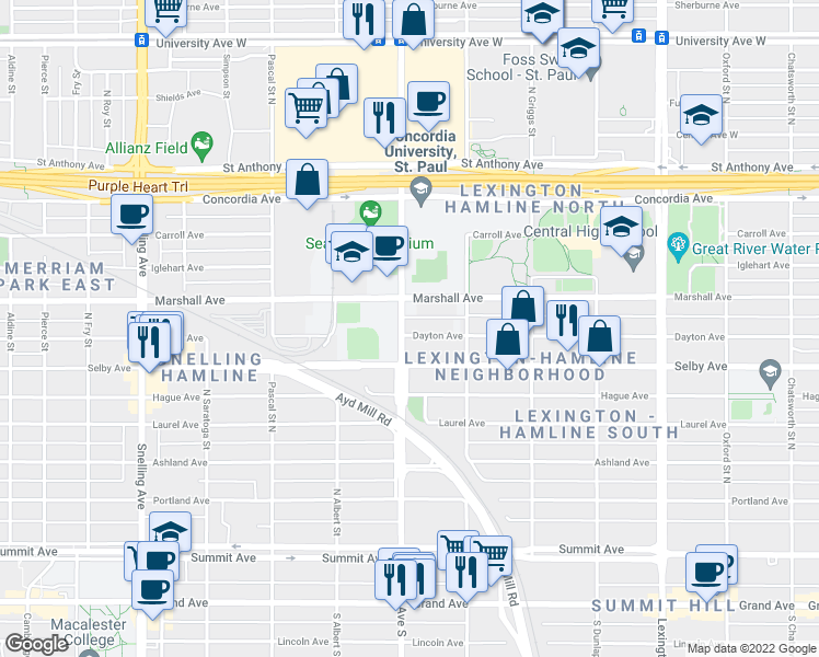 map of restaurants, bars, coffee shops, grocery stores, and more near 1333 Dayton Avenue in Saint Paul