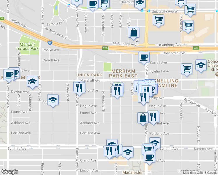 map of restaurants, bars, coffee shops, grocery stores, and more near 1709 Dayton Avenue in Saint Paul