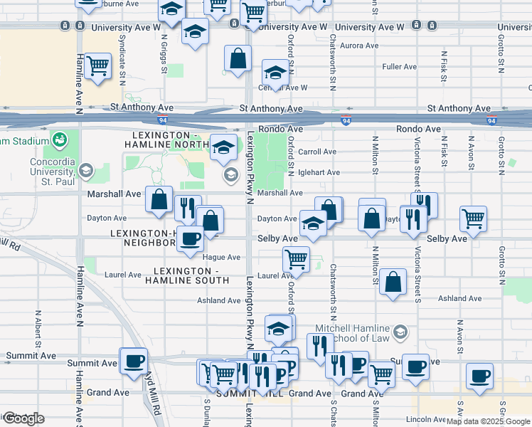 map of restaurants, bars, coffee shops, grocery stores, and more near 1077 Dayton Avenue in Saint Paul