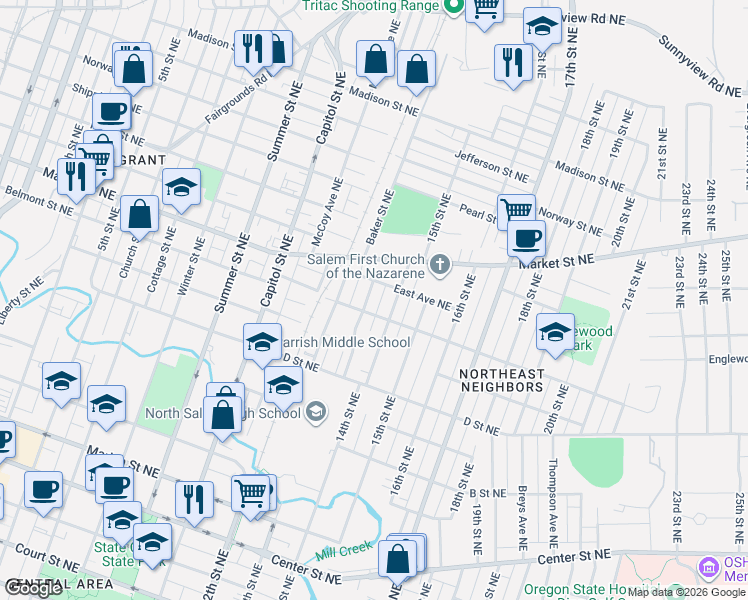 map of restaurants, bars, coffee shops, grocery stores, and more near 1305 Nebraska Avenue Northeast in Salem
