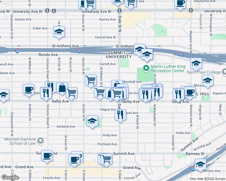 map of restaurants, bars, coffee shops, grocery stores, and more near 643 Dayton Avenue in Saint Paul