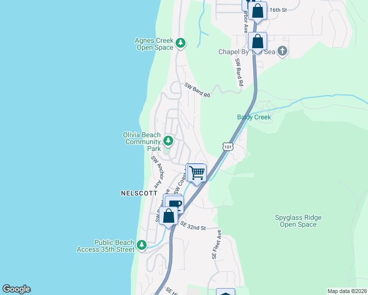 map of restaurants, bars, coffee shops, grocery stores, and more near 2711 Southwest Coast Avenue in Lincoln City