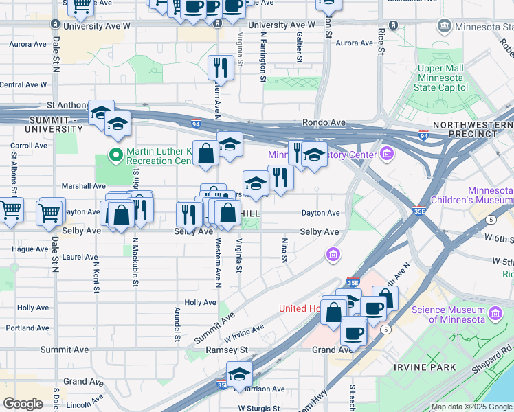 map of restaurants, bars, coffee shops, grocery stores, and more near 325 Dayton Avenue in Saint Paul