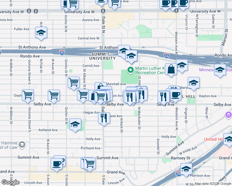 map of restaurants, bars, coffee shops, grocery stores, and more near 575 Dayton Avenue in Saint Paul