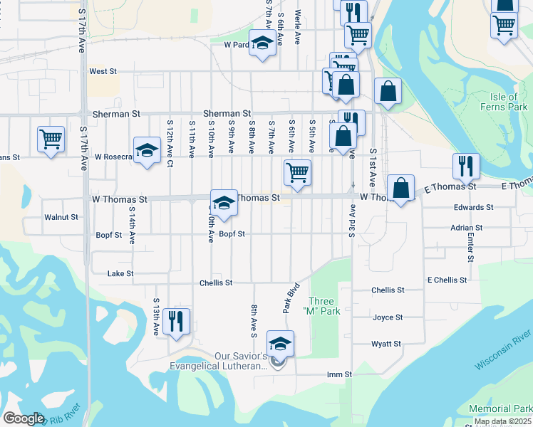 map of restaurants, bars, coffee shops, grocery stores, and more near 1114 South 7th Avenue in Wausau