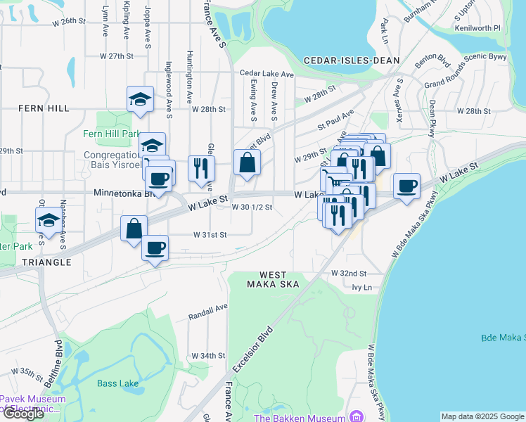 map of restaurants, bars, coffee shops, grocery stores, and more near 3001 Ewing Avenue South in Minneapolis