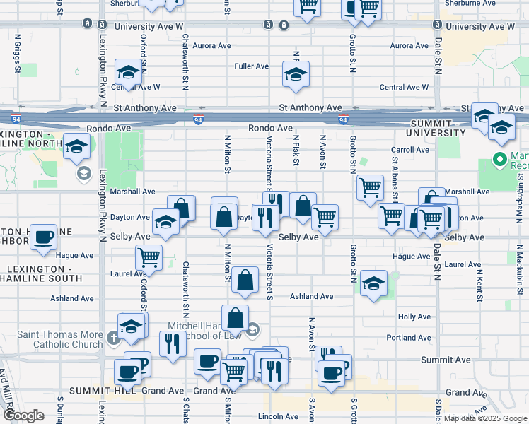 map of restaurants, bars, coffee shops, grocery stores, and more near 865 Dayton Avenue in Saint Paul