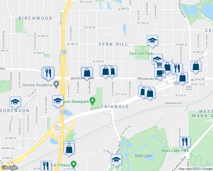 map of restaurants, bars, coffee shops, grocery stores, and more near 4925 Minnetonka Boulevard in Minneapolis