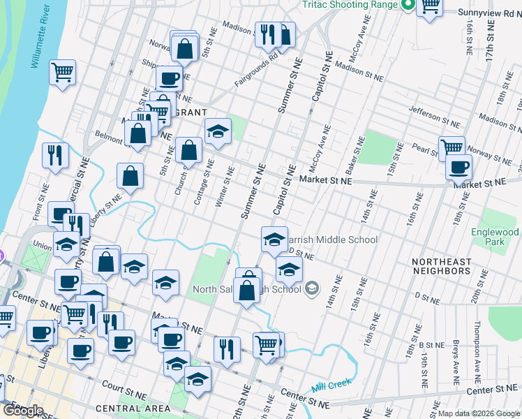 map of restaurants, bars, coffee shops, grocery stores, and more near 994 Summer Street Northeast in Salem