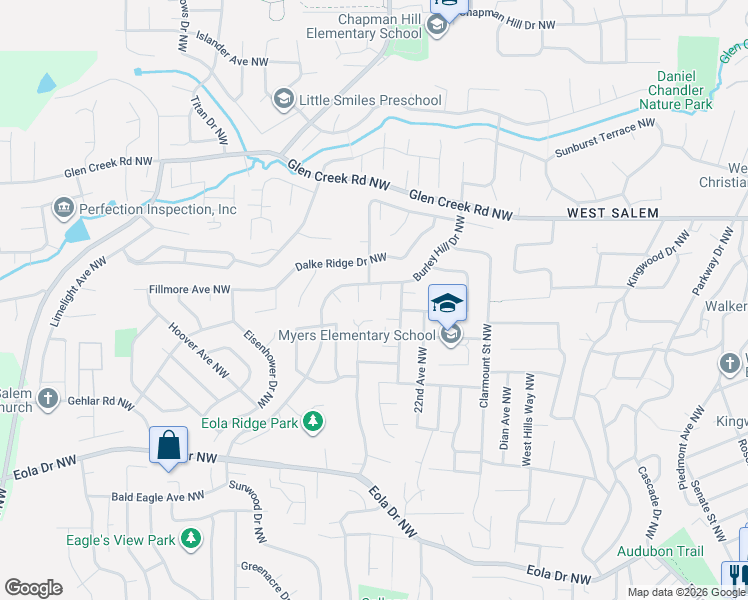 map of restaurants, bars, coffee shops, grocery stores, and more near 937 Hearthside Court Northwest in Salem