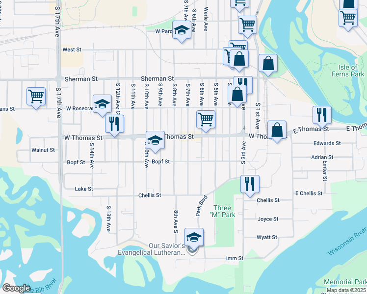 map of restaurants, bars, coffee shops, grocery stores, and more near 1122 South 7th Avenue in Wausau