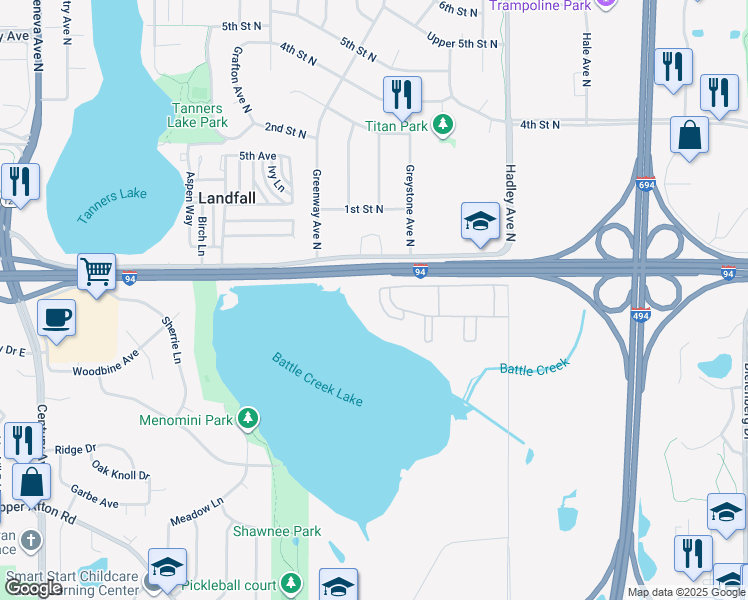 map of restaurants, bars, coffee shops, grocery stores, and more near 6725 Ashwood Road in Woodbury