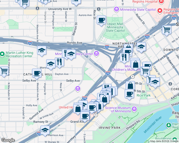 map of restaurants, bars, coffee shops, grocery stores, and more near 178 Mulberry Street in Saint Paul