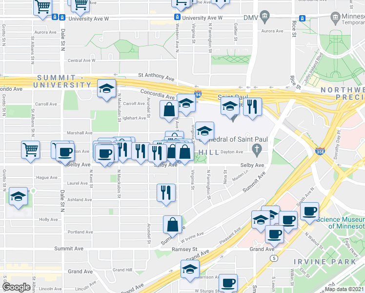 map of restaurants, bars, coffee shops, grocery stores, and more near 377 Dayton Avenue in Saint Paul