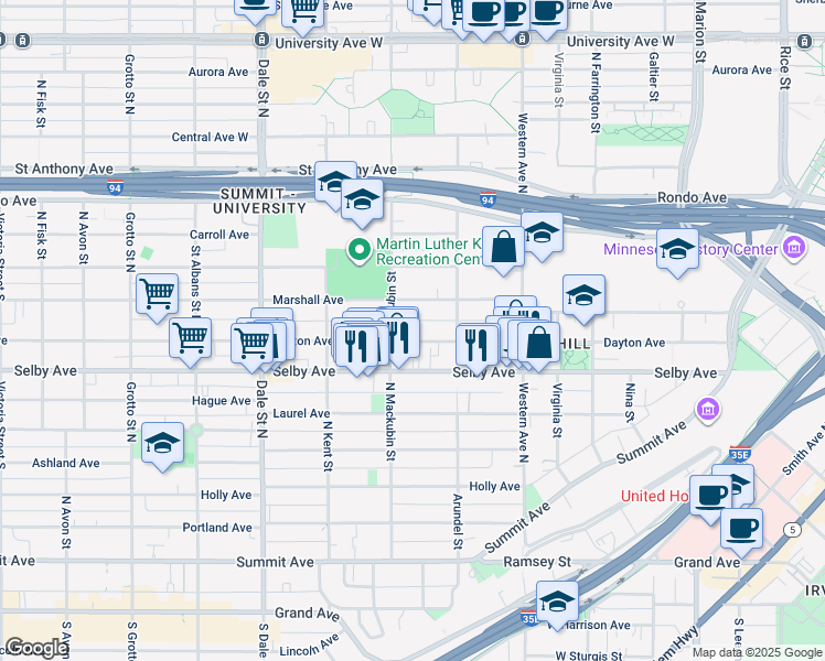 map of restaurants, bars, coffee shops, grocery stores, and more near 469 Dayton Avenue in Saint Paul