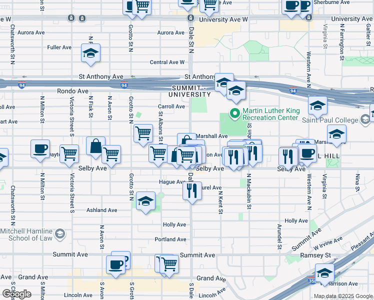 map of restaurants, bars, coffee shops, grocery stores, and more near 617 Dayton Avenue in Saint Paul