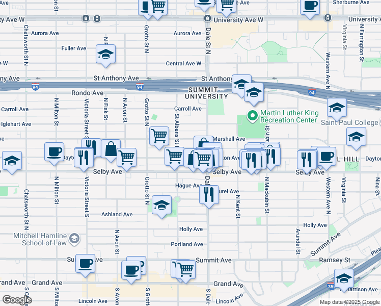 map of restaurants, bars, coffee shops, grocery stores, and more near 653 Dayton Avenue in Saint Paul
