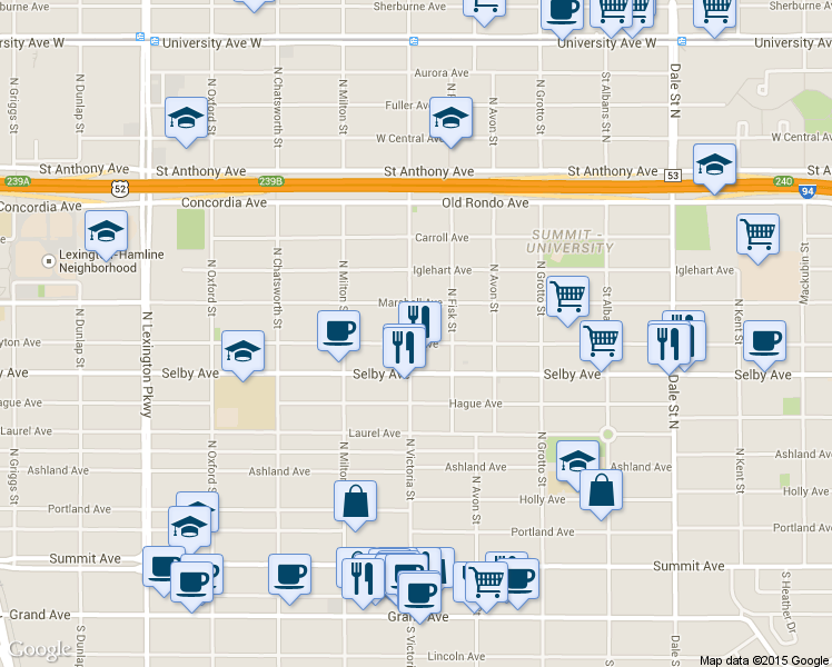map of restaurants, bars, coffee shops, grocery stores, and more near 865 Dayton Avenue in Saint Paul