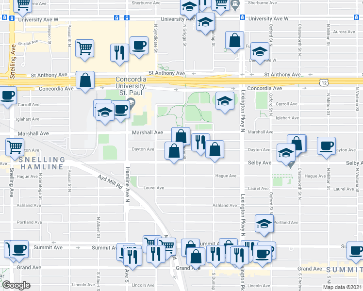 map of restaurants, bars, coffee shops, grocery stores, and more near 1217 Dayton Avenue in Saint Paul