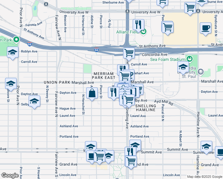 map of restaurants, bars, coffee shops, grocery stores, and more near 1631 West Dayton Avenue in Saint Paul
