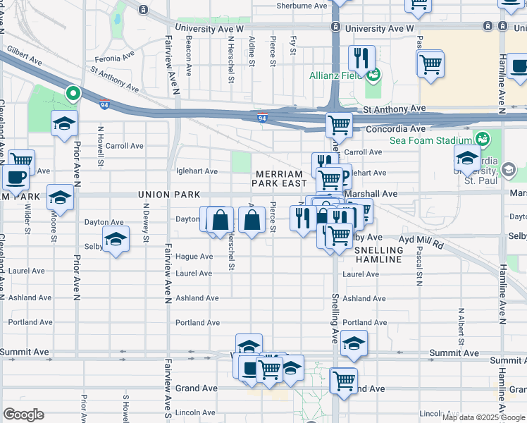 map of restaurants, bars, coffee shops, grocery stores, and more near 1667 Dayton Avenue in Saint Paul