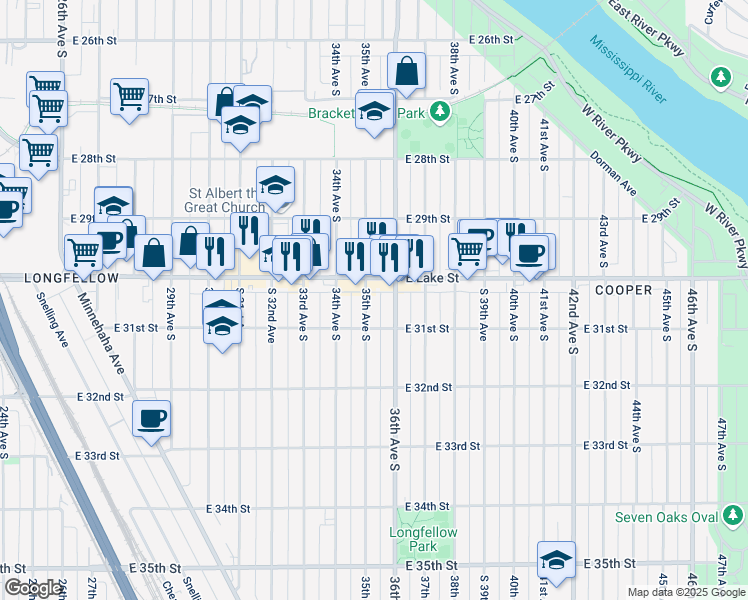 map of restaurants, bars, coffee shops, grocery stores, and more near 3026 35th Avenue South in Minneapolis
