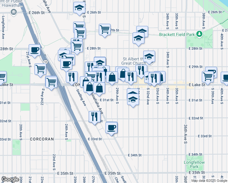 map of restaurants, bars, coffee shops, grocery stores, and more near 2800 East 31st Street in Minneapolis
