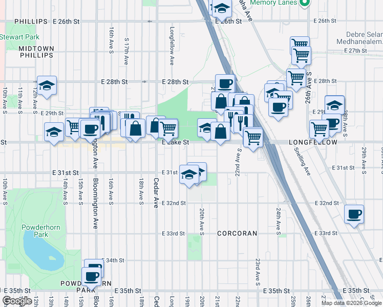 map of restaurants, bars, coffee shops, grocery stores, and more near 3017 19th Avenue South in Minneapolis