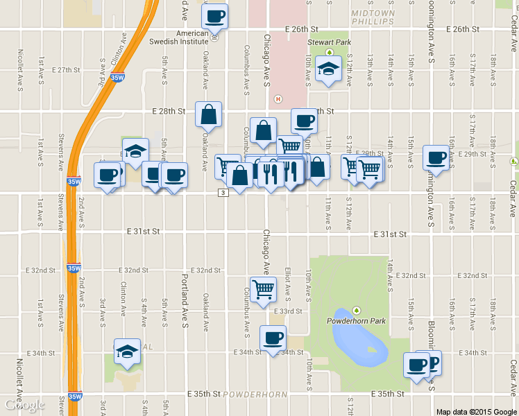 map of restaurants, bars, coffee shops, grocery stores, and more near 3031 Chicago Avenue in Minneapolis