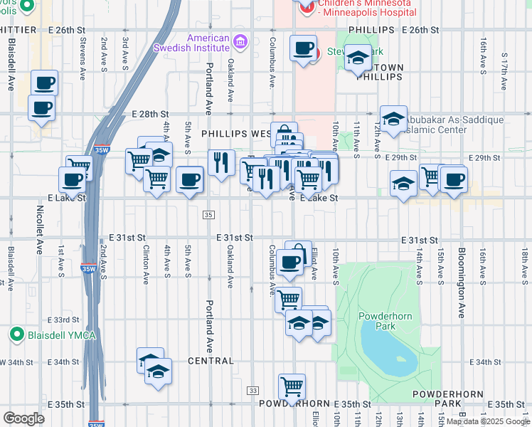 map of restaurants, bars, coffee shops, grocery stores, and more near 3030 Columbus Avenue in Minneapolis