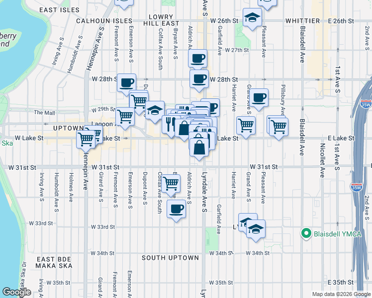 map of restaurants, bars, coffee shops, grocery stores, and more near 3024 Aldrich Avenue South in Minneapolis