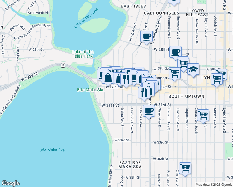 map of restaurants, bars, coffee shops, grocery stores, and more near 3025 James Avenue South in Minneapolis