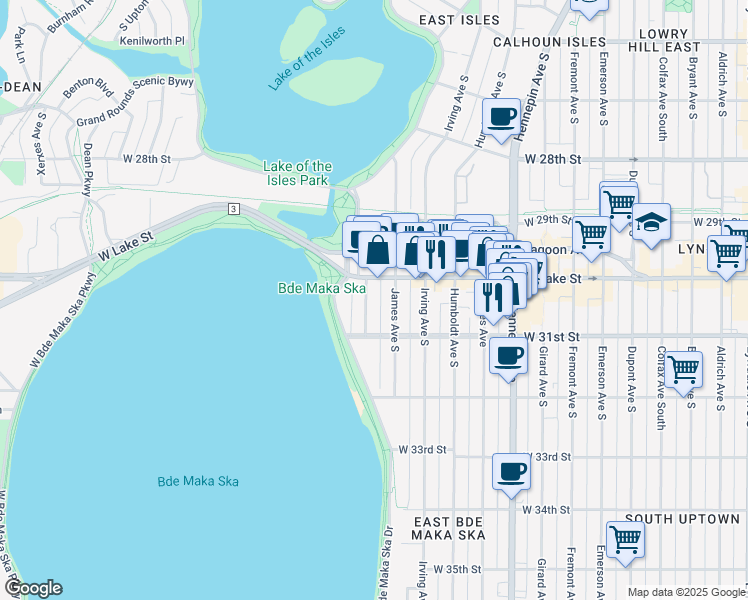 map of restaurants, bars, coffee shops, grocery stores, and more near 3025 Knox Avenue South in Minneapolis