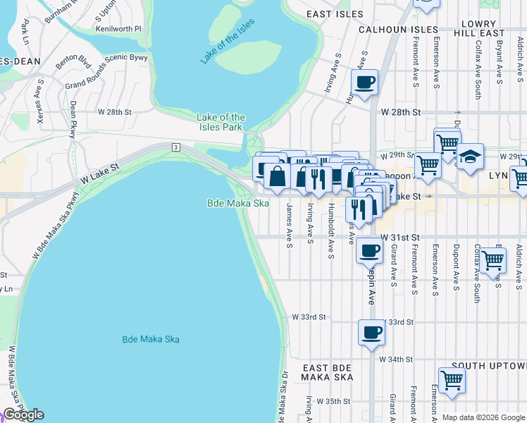map of restaurants, bars, coffee shops, grocery stores, and more near 3025 Knox Avenue South in Minneapolis