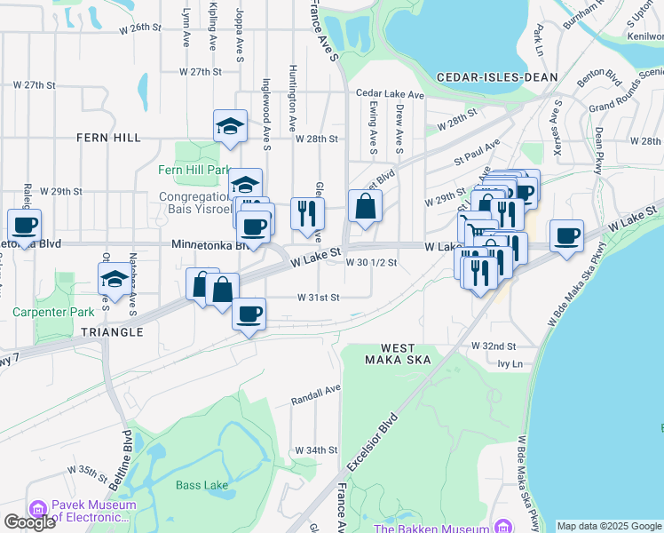 map of restaurants, bars, coffee shops, grocery stores, and more near 3915 Minnesota 7 in Minneapolis