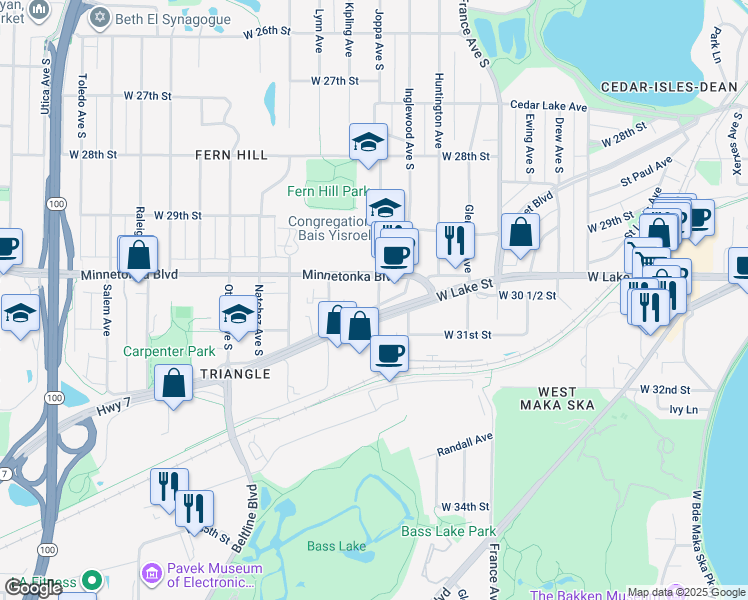map of restaurants, bars, coffee shops, grocery stores, and more near 4310 Minnesota 7 Service Road in St. Louis Park